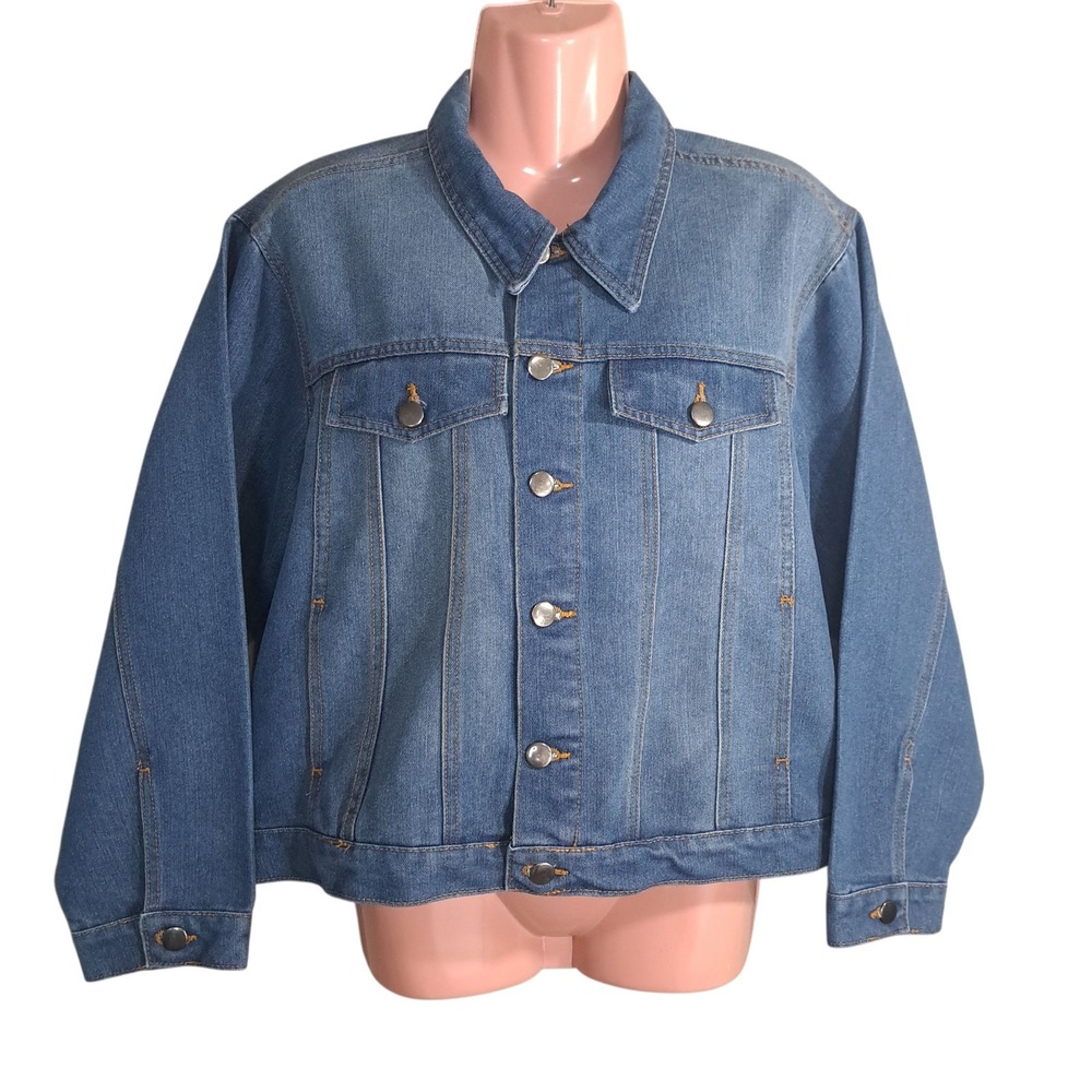 1 Sunset Lane Women's Blue Denim Jean Collared Jacket Size L Snap Button Pockets